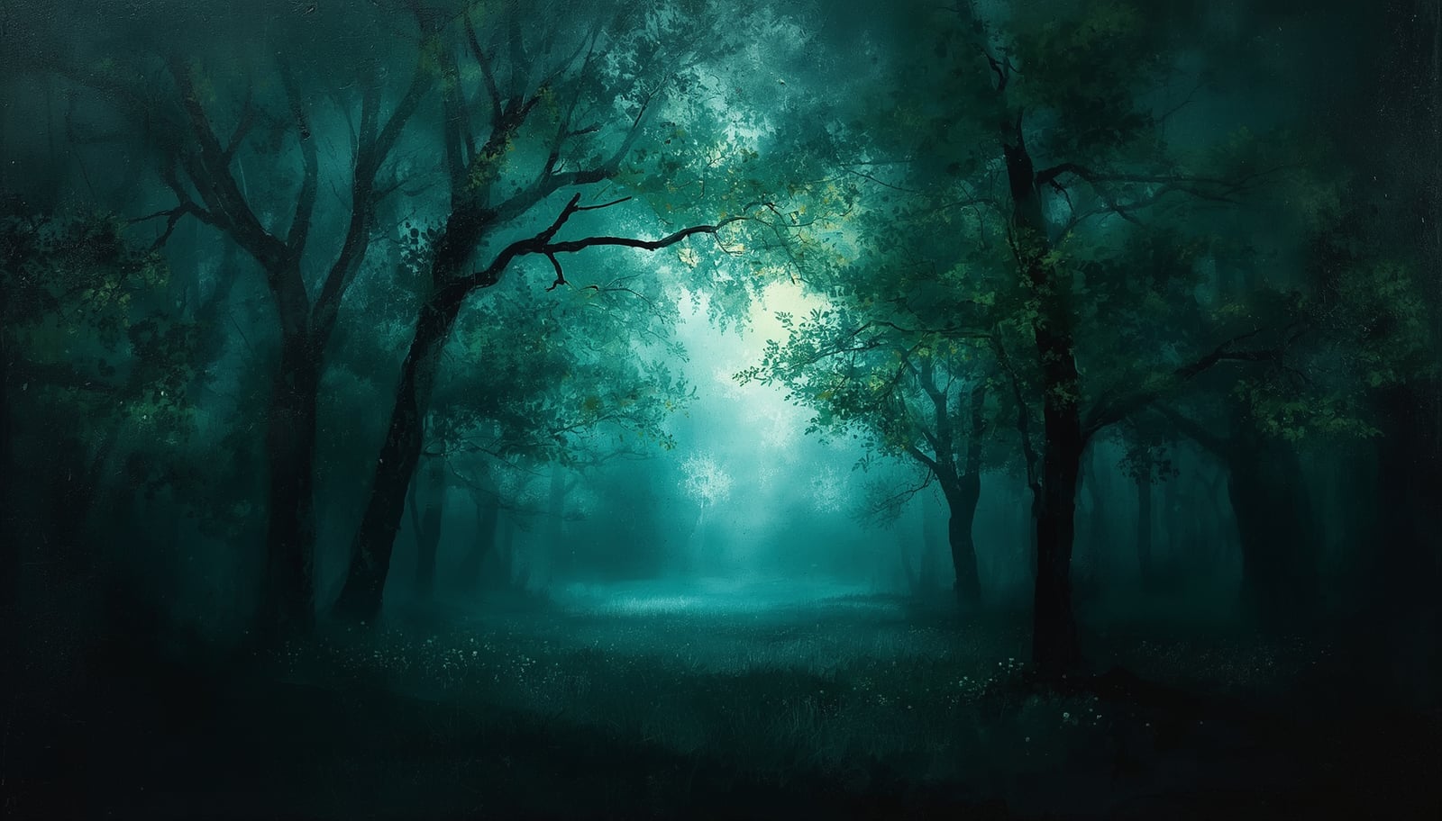 misty forest path trees