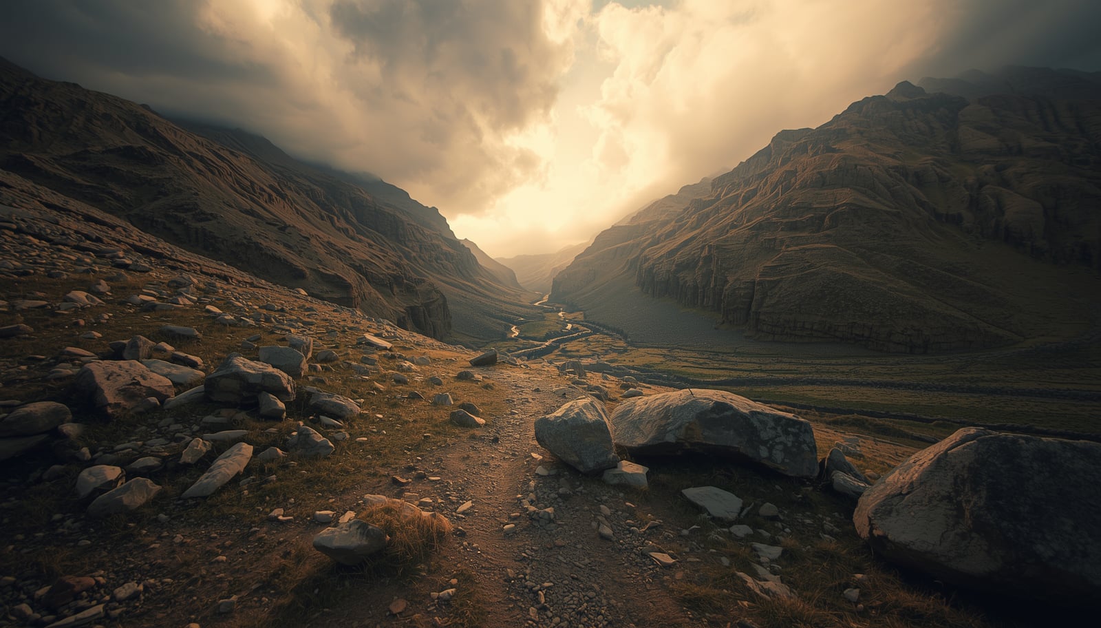 Mountain trail winding through rocky terrain under dramatic light breaking through storm clouds