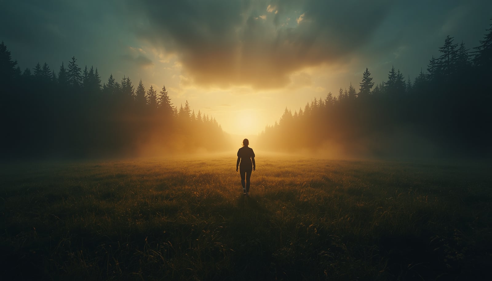 Person walking from dark forest into golden sunlit meadow